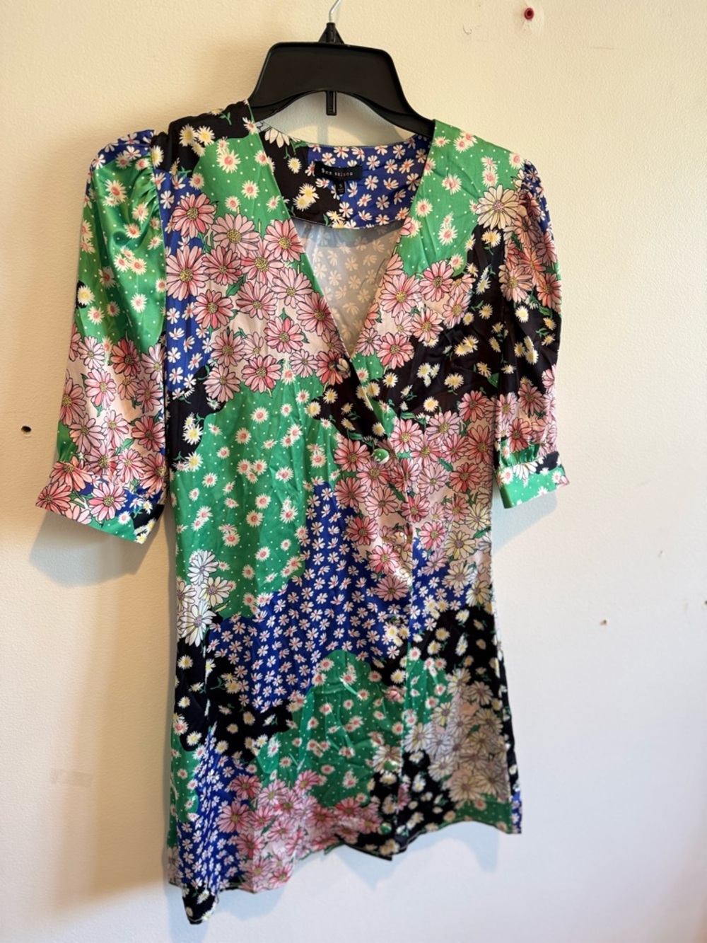 Anthropologie En Saison Floral Patchwork Colorful Mini Dress Small Spring Satin - Picture 2 of 8